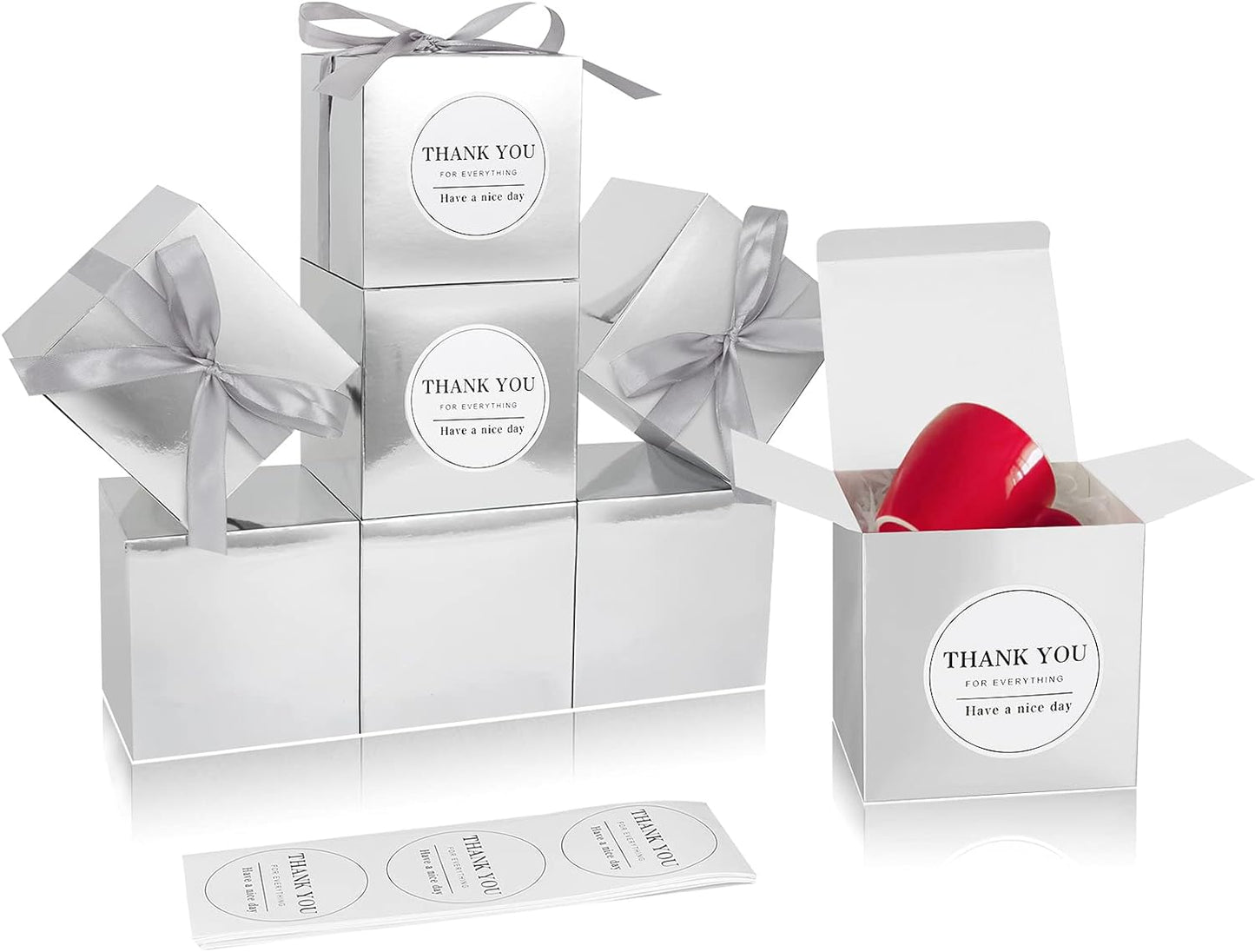COTOPHER Small Gift Boxes 60 Pack 4x4x4 inches Silver Gift Boxes with Lids for Gifts, Crafting, Wedding Party Favor, Cupcake Boxes, Candy, Bridesmaids Proposal Box with Ribbons and Stickers (Metallic
