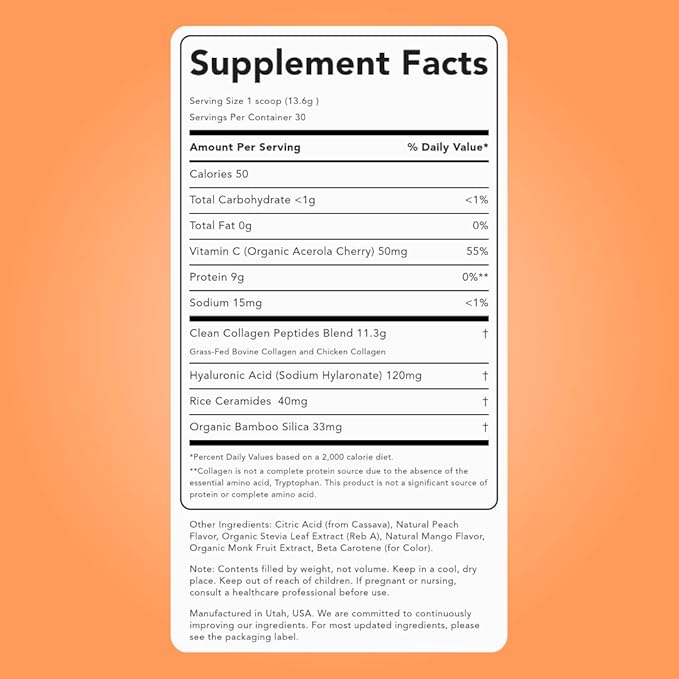 Clean Simple Eats Collagen Powder + Beauty Blend, Peach Mango, 11G Hydrolyzed Collagen Peptides from Grass Fed Bovine & Chicken, Hyaluronic Acid for Hair, Skin, Nail & Joint Support, 30 Servings