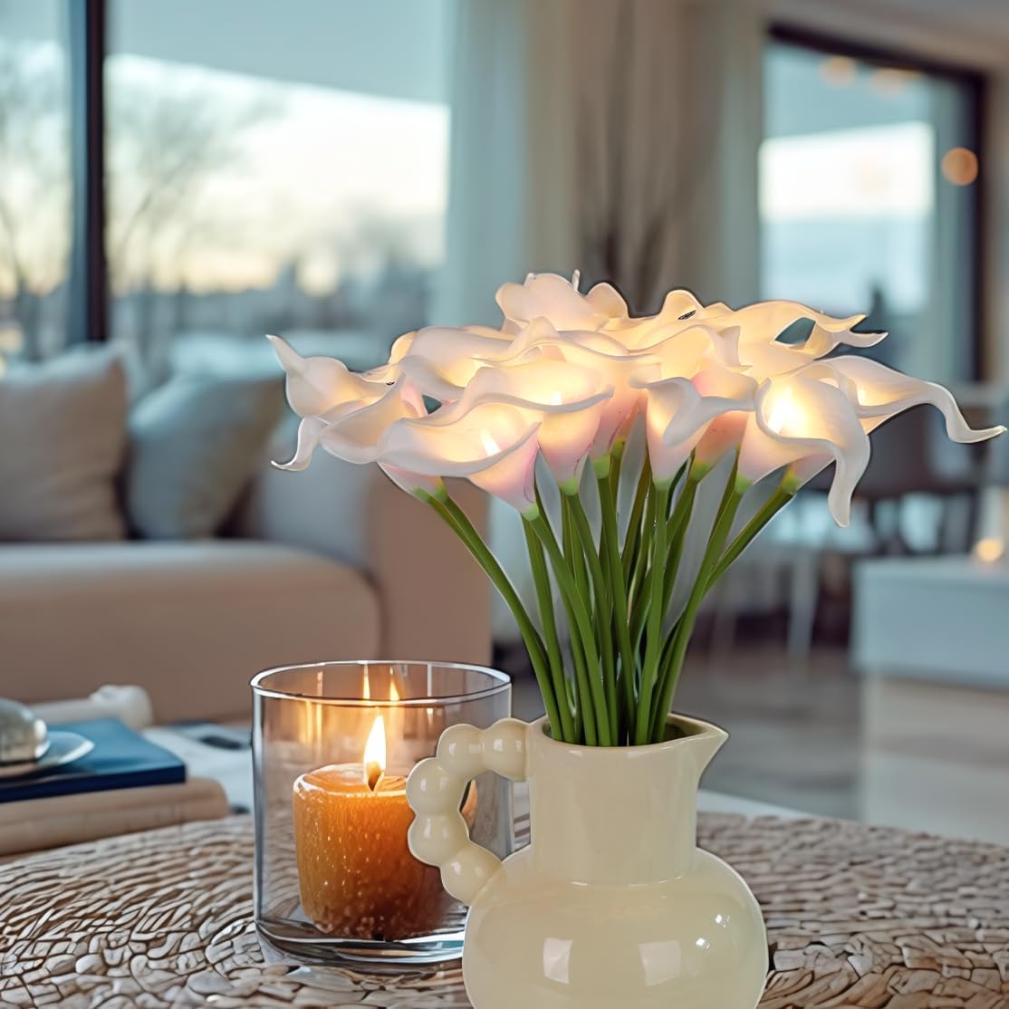 20pcs Artificial Calla Lily Bouquet Lamp Faux Floarl Night Light Real Touch Flower Night Lamp LED Calla Lily Artificial Flower Light Home Kitchen Decor(Whitepurple)