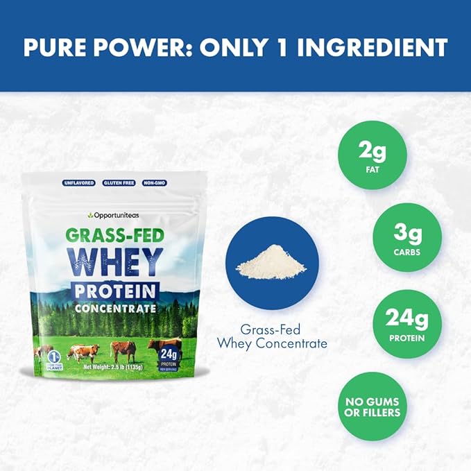 Opportuniteas Grass Fed Whey Protein Powder Concentrate - 1 Ingredient - Pure Protein Supplement for Drink, Smoothie, Shake, Cooking & Baking - Non GMO, Hormone Free & Gluten Free - 2.5 lbs