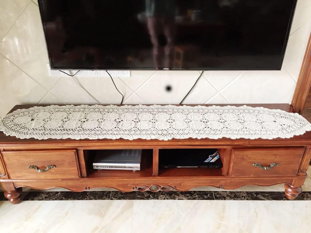 Cotton Handmade Crochet lace Table Runners Oval Tablecloth Doilies Doily Table Dresser Scarf Décor,15x35 inch,Beige