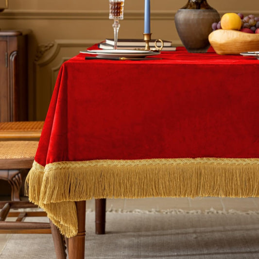 F-CHU Red Tablecloth Thickset Velvet Tablecloth with Beautiful Gold Tassels Vintage Table Cloth for Home Decor Wedding, Party, Banquet and Events 67x120-Inch