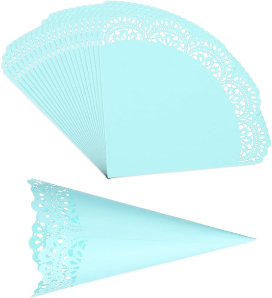 PATIKIL Wedding Confetti Cones, 50 Pcs Paper Tapers Hollow Print Lace Cone Bouquet for Party Candy Gift Boxes Chocolate Bags Buffet Bachelor Party Petals, Light Blue