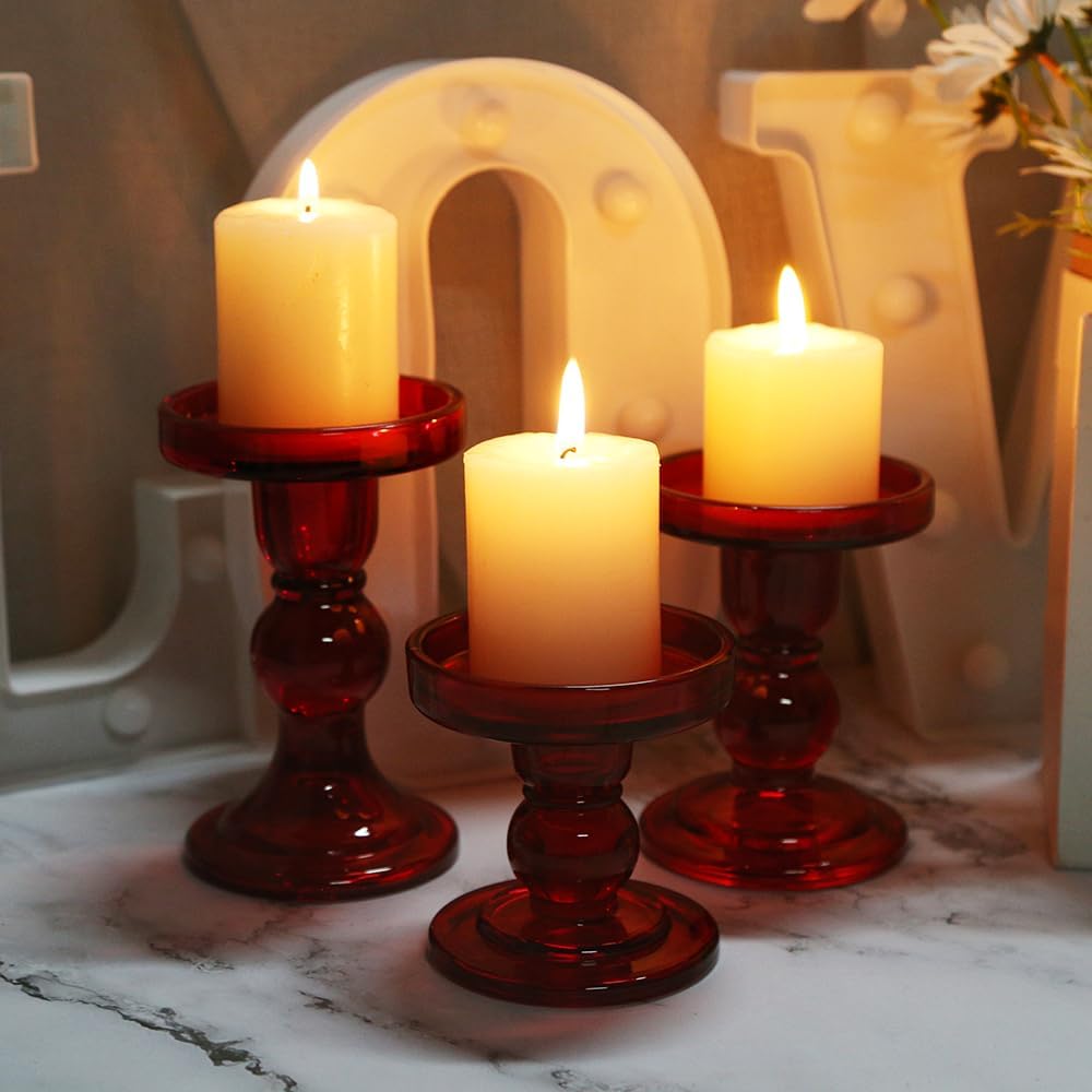 6-Piece Set of Red Glass Candlestick, Crystal Candlestick Holder Holder and Conical Candle, Christmas Candle Holder Decoration, Family Living Room Wedding Candle Holder (red2sets)