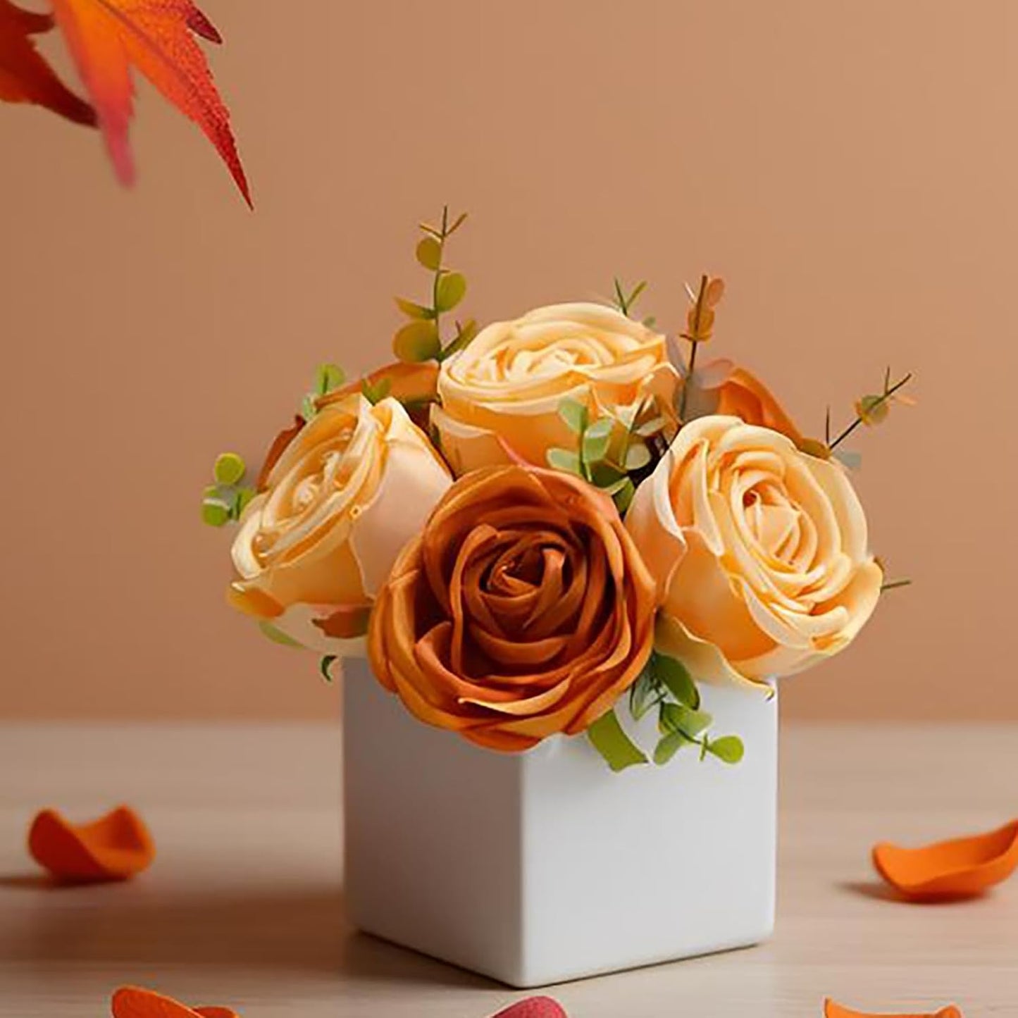 LADADA Artificial Roses in White Ceramic Vase, Orange and Cream Fake Flowers with Eucalyptus Stems, Faux Floral Arrangement for Home Decor, Table Centerpiece for Dining Table, Kitchen, Office
