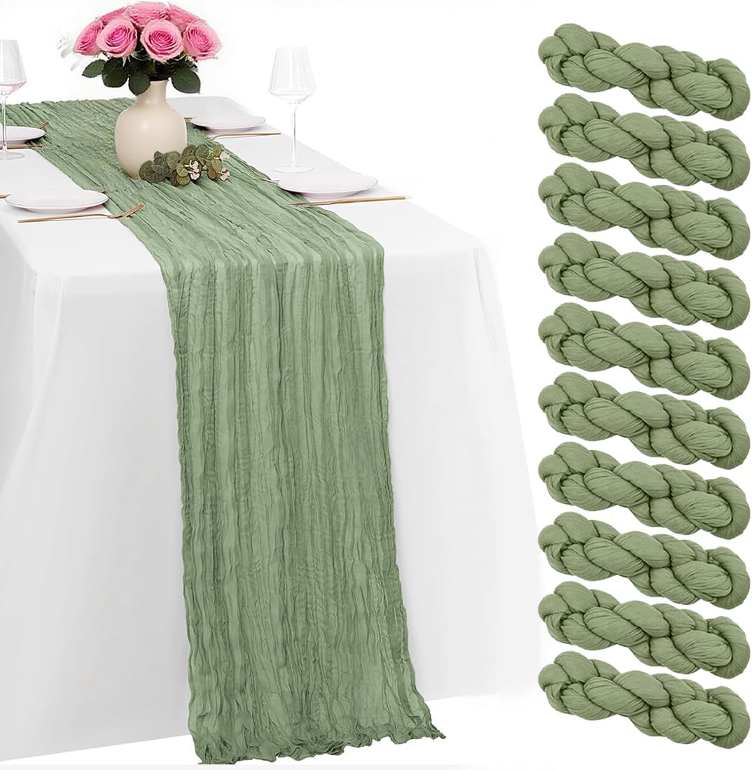 10 Pack Sage Green Cheesecloth Table Runner -21*120Inch Long Boho Wedding Table Decor, Rustic Gauze Fabric Runner for Bridal Showers, Baby Showers & Parties (Sheer, Lightweight, Wrinkled Design)