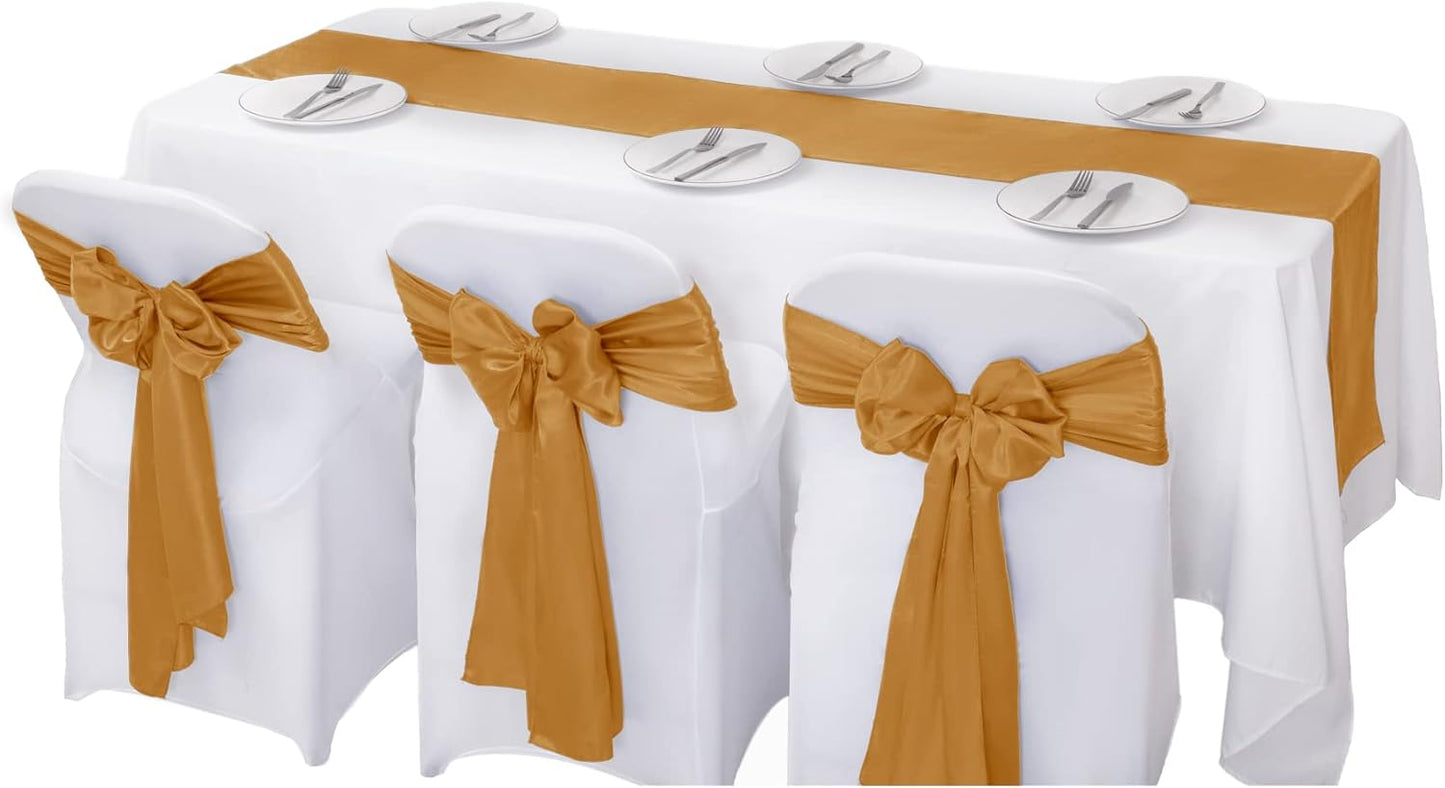 12Pack Table Runner 12 x 108 Inches Satin Silk Table Runner for Wedding, Birthday Party, Banquets, Graduations Decoration, fit Rectange and Round Table-Gold
