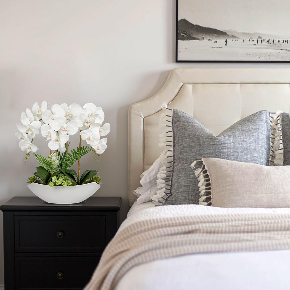 Briful Orchid Artificial Flowers 18in White Fake Orchid Silk Flowers with Ceramic Pot Faux Orchid Arrangement for Home Office Room Coffee Table Centerpiece Modern Decoration