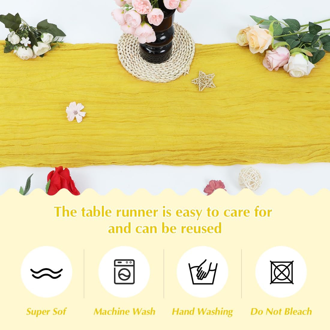 10 Pack Yellow Cheesecloth Table Runner -21*120Inch Long Boho Wedding Table Decor, Rustic Gauze Fabric Runner for Bridal Showers, Baby Showers & Parties (Sheer, Lightweight, Wrinkled Design)