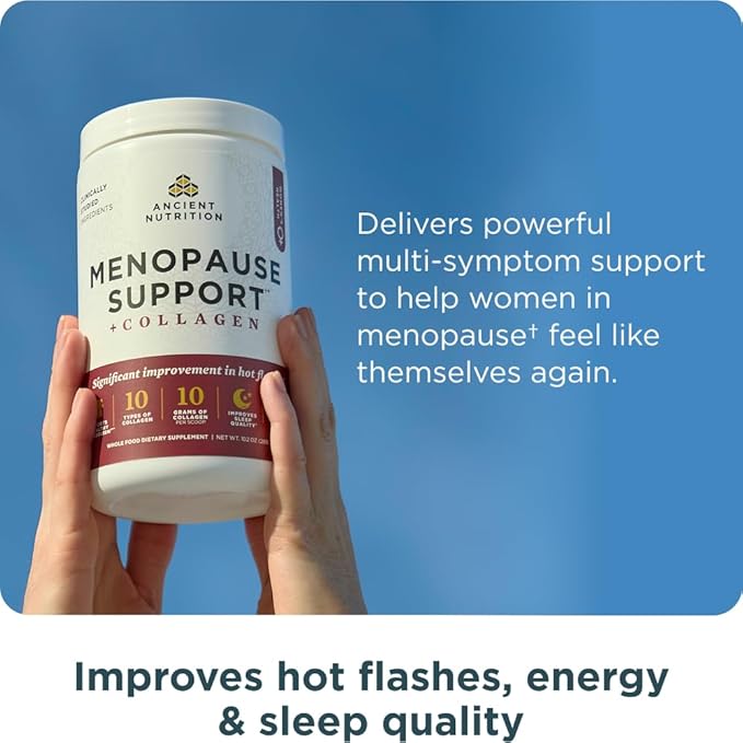 Ancient Nutrition Menopause Support + Collagen Powder, Hydrolyzed Collagen Peptides, Key Clinically Validated Superfoods, Significant Improvement in Hot Flashes and Sleep Quality, Vanilla, 25 Servings