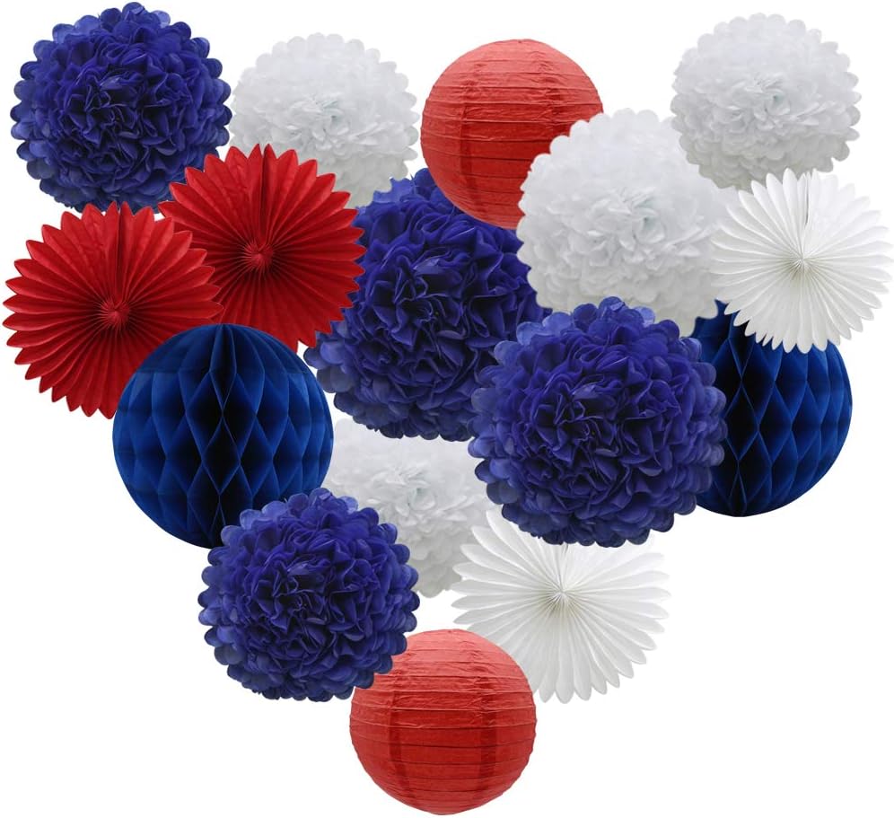 Navy Blue Red White Party Decorations 16pcs Paper Pom Poms Honeycomb Balls Lanterns Tissue Fans for 4th of July Day Patriotic Shake Theme Birthday Graduation Nurse Party