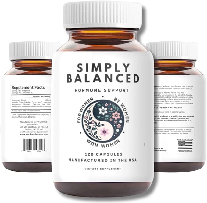 Simply Balanced – Hormone Balance for Women – Restore Hormone Harmony – PMDD Supplements for Women – Perimenopause – Menopause – Cortisol Reducer – PMS – PCOS Supplements – 120 ct