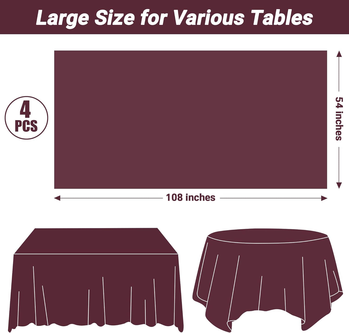 4 PCS Wine Table Cloth Rectangle Table, 54 x 108 Inches Waterproof Plastic Table Cloth Disposable, Picnic Table Cover for Baptism, Picnic, Restaurant, Wedding decor, Fits Rectangle and Round Tables