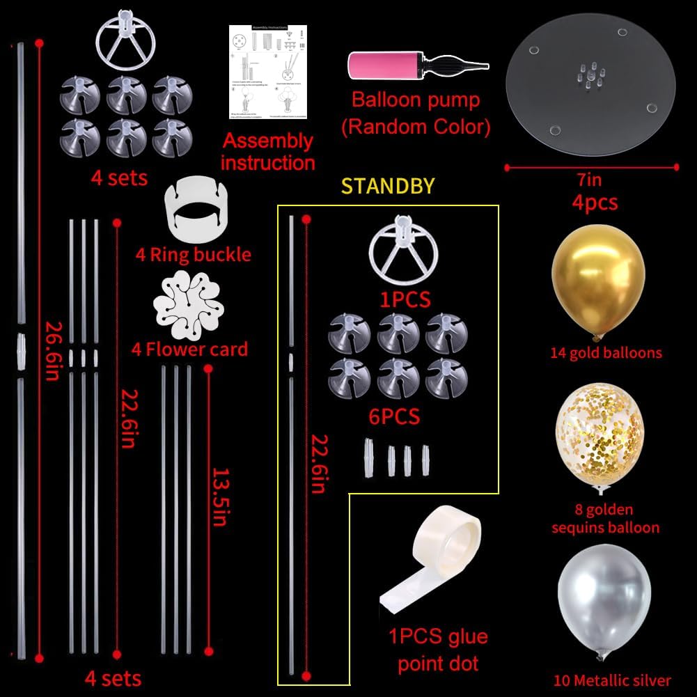 TONIFUL 4 Table Centerpiece Balloon Stand Kit Include Silver Gold Latex Confetti Balloons for 2025 Graduation,New Years 2025,Birthday,Retirement, Christmas, Anniversary Table Party Decoration