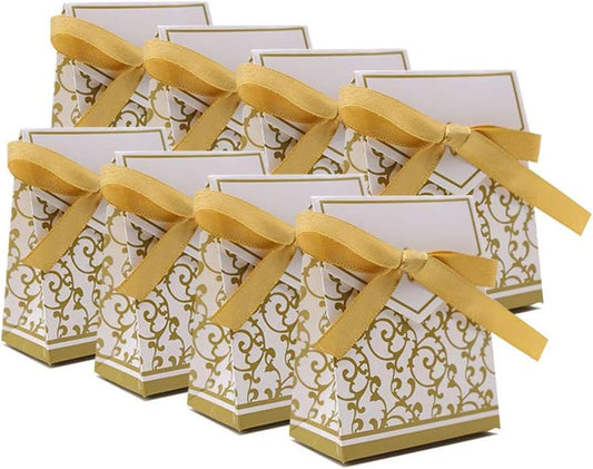 KUPOO 50PCS Candy Boxes,Gold Ribbon Wedding Favor Boxes Candy Bag Cake Box for Wedding Party Decoration Easter (gold)