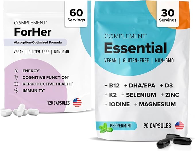 Complement ForHer & Essential Vegan Multivitamin Bundle – 30-Day Women’s Wellness Support with Omega 3, B12, D3, Iron, Folate & More – Energy, Immunity & Hormonal Balance