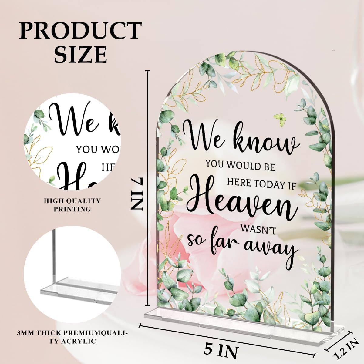 Wedding Memorial Sign，Heaven Wasn't So Far Away Sign，Wedding Supplies 5x7 Inch, Wedding Decor Loving Memory Sign for Ceremony And Reception，Arch Acrylic Table Signs for Anniversary, Event ((Foliage)