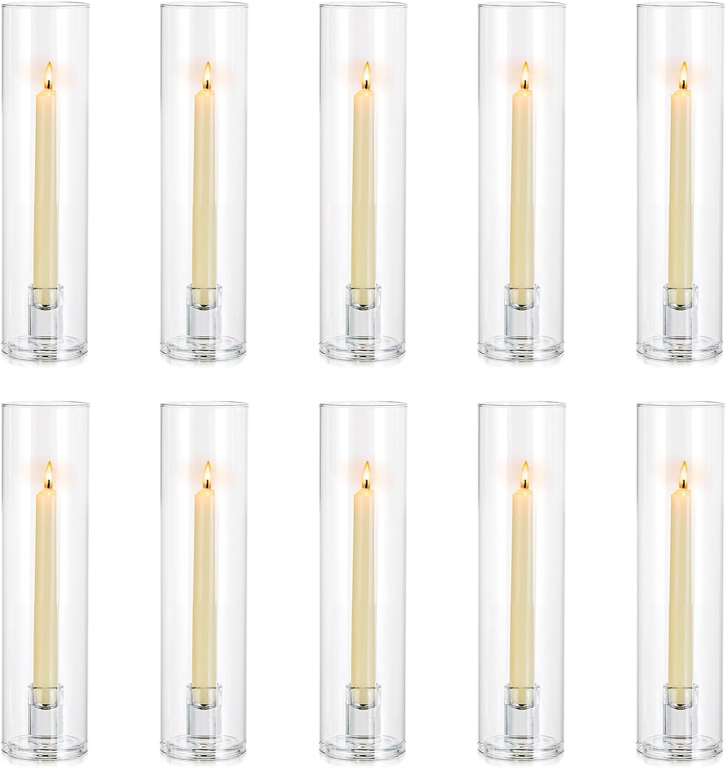 NUPTIO Taper Candle Holders Glass: Set of 10 Hurricane Candlestick Holder Bulk - Candle Stick Stand with Cylinder Sleeves for Thanksgiving Chrstmas Birthday Party Decor