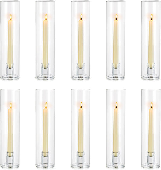 NUPTIO Taper Candle Holders Glass: Set of 10 Hurricane Candlestick Holder Bulk - Candle Stick Stand with Cylinder Sleeves for Thanksgiving Chrstmas Birthday Party Decor