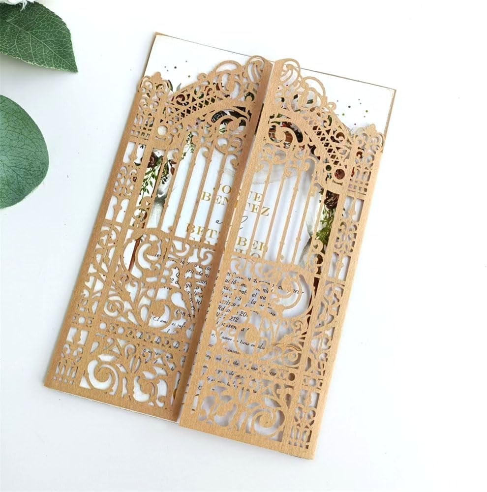 MillaSaw Craft Paper Fence Laser Cut Invitation Card For Wedding Birthday Anniversary 25pcs (4.9"x7.1", brown)