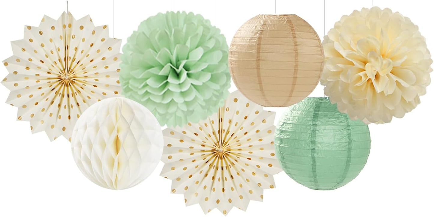Sage-Green Beige-Champagne Party-Decorations Streamers Lanterns - 14pcs Neutral Baby Shower Paper Fan,Tissue Pom Poms,Honeycomb Balls,Boho Birthday Wedding Bachelorette Engagement Bridal Decor Ouruola