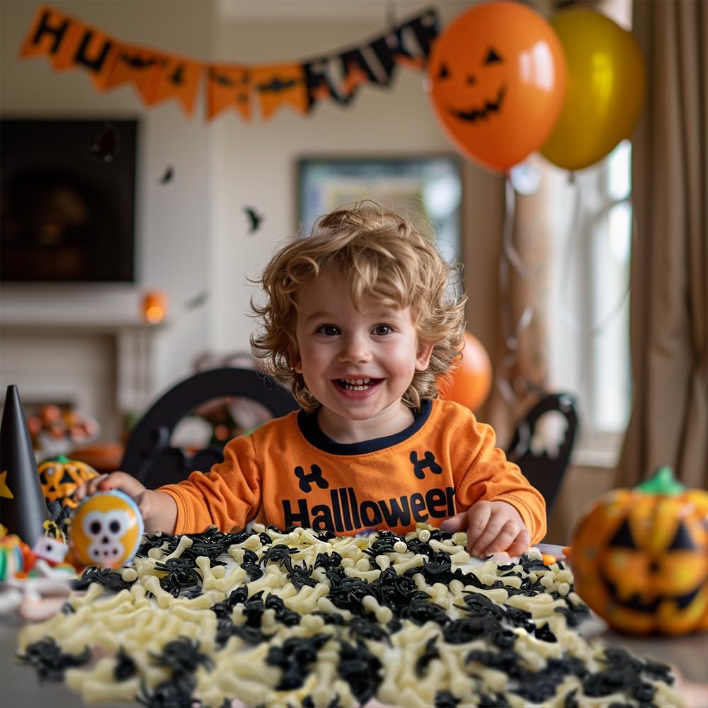 HappyFiller Halloween Decoration 450 PCS Black Mini Acrylic Spiders Bat Mix Ivory Color Bones for Sensory Bin Gems,Vase Fillers,Home Decor,Table Scatters