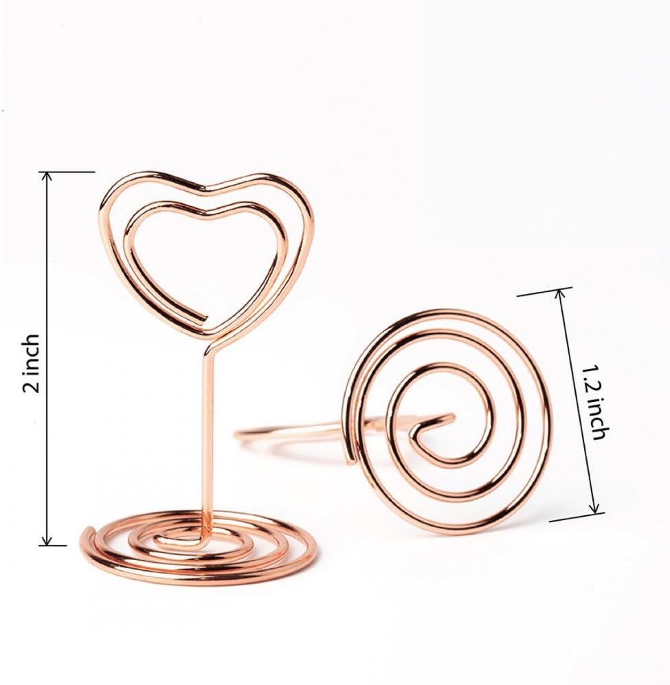 20pcs Mini Place Card Holders, Wire Table Picture Photo Holders with Heart Shaped Menu Memo Clips for Wedding Favors (Rose Gold)