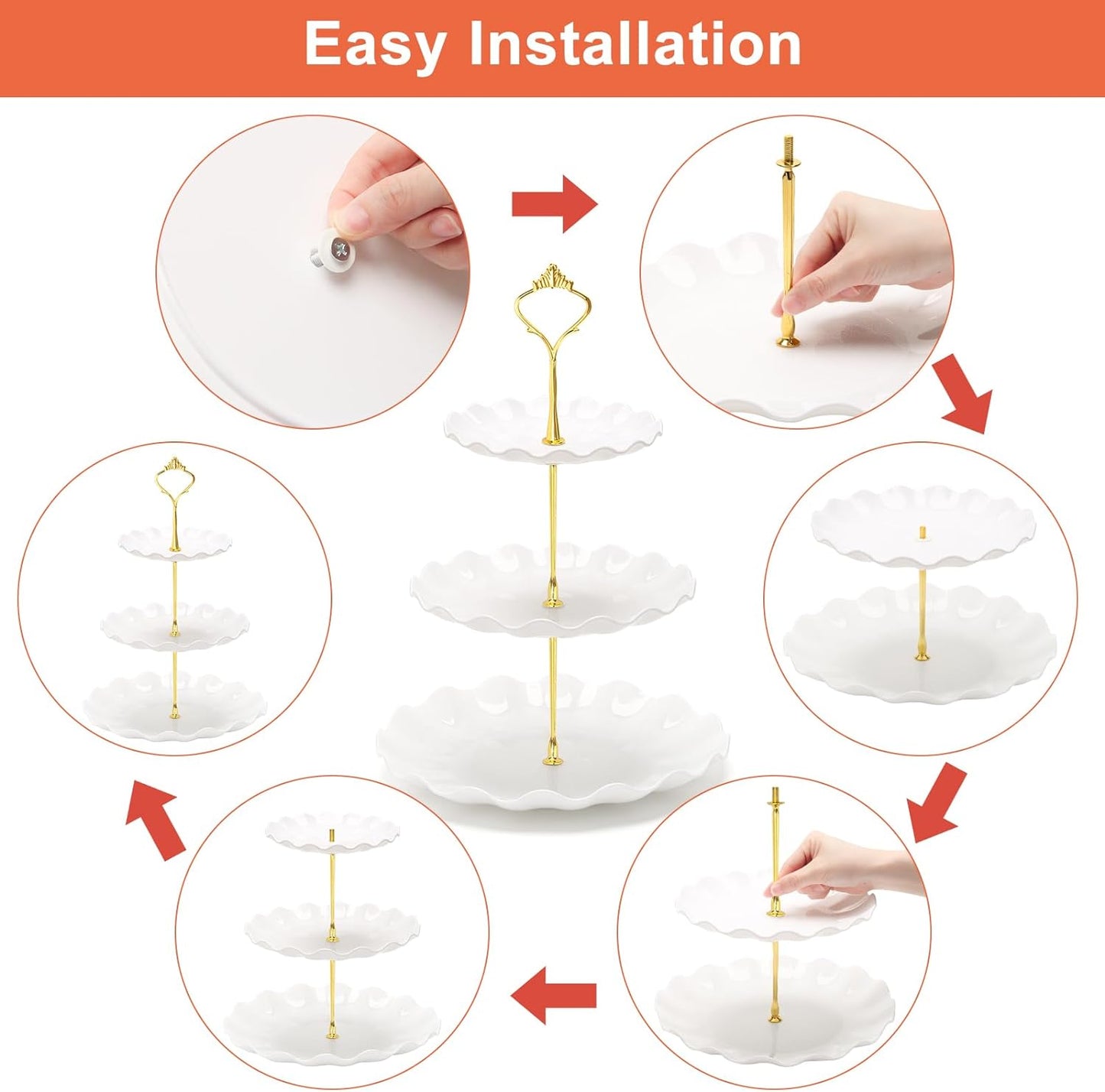 Coitak 3 Tier Cupcake Stand, Plastic Tiered Serving Stand, Dessert Tower Tray for Tea Party, Baby Shower and Wedding (Wavy-Metal Rod)