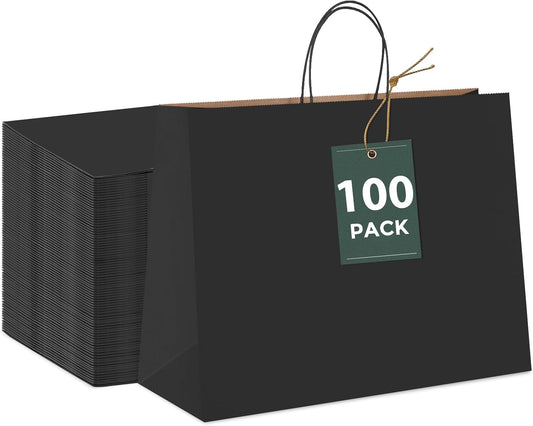 GSSUSA Black Large Gift Bags 16x6x12 100Pcs Sturdy Shopping Bags,Party,Merchandise, Kraft, Retail, Black Paper with Handles