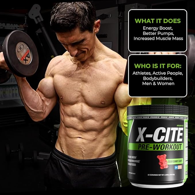 X-CITE Pre-Workout by ATHLEAN-X - Enhanced Formula with Beta-Alanine, Creatine & Caffeine for Ultimate Energy, Endurance, Focus & Muscle Pump, NSF Certified for Sports (22 Servings, Sour Gummy Bear)