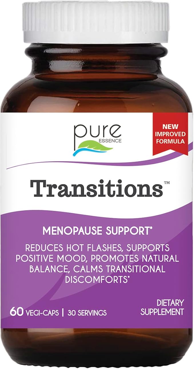PURE ESSENCE LABS Transitions Vitamins for Women, Natural Menopause Relief Supplement to Promote Hormone Balance, Reduce Hot Flashes, Mood Swings & Night Sweats, 60 Capsules