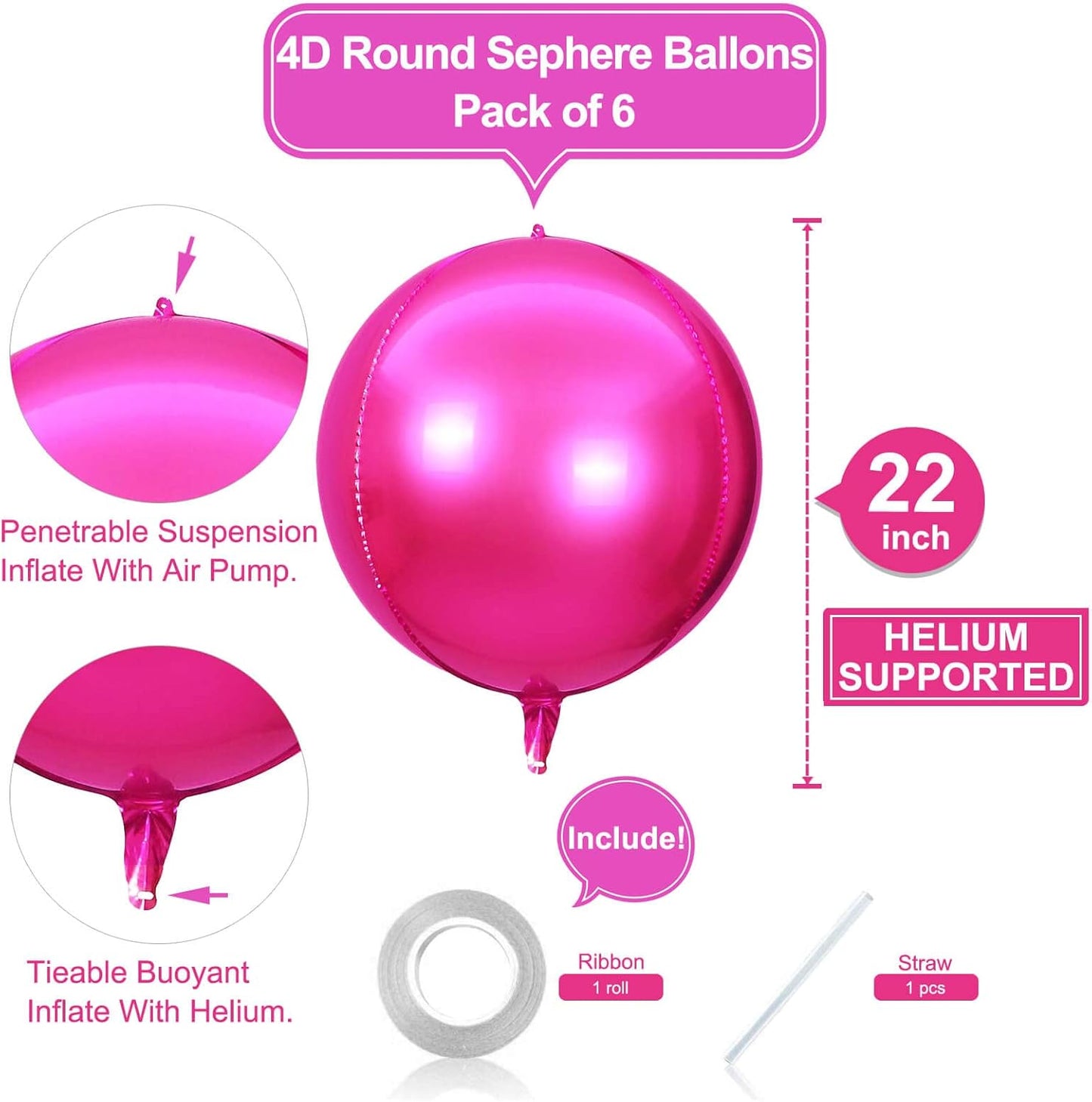 6 Pack Hot Pink 22 Inch 4D Foil Balloons Big 360 Degree Round Sephere Mylar Balloons Mirror Finish Metallic Balloons for Wedding,Birthday,Bachelorette,Baby Shower Decorations Party Supplies