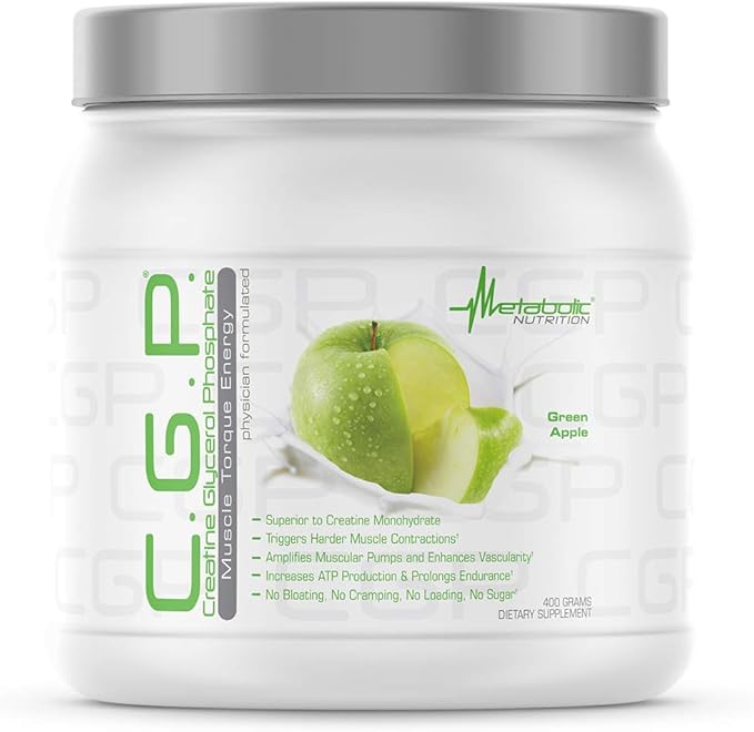 Metabolic Nutrition, CGP, Creatine Glycerol Phosphate, 100% Micronized Creatine Powder, Pre Intra Post Workout Supplement, Green Apple, 400 Grams (40 Servings)