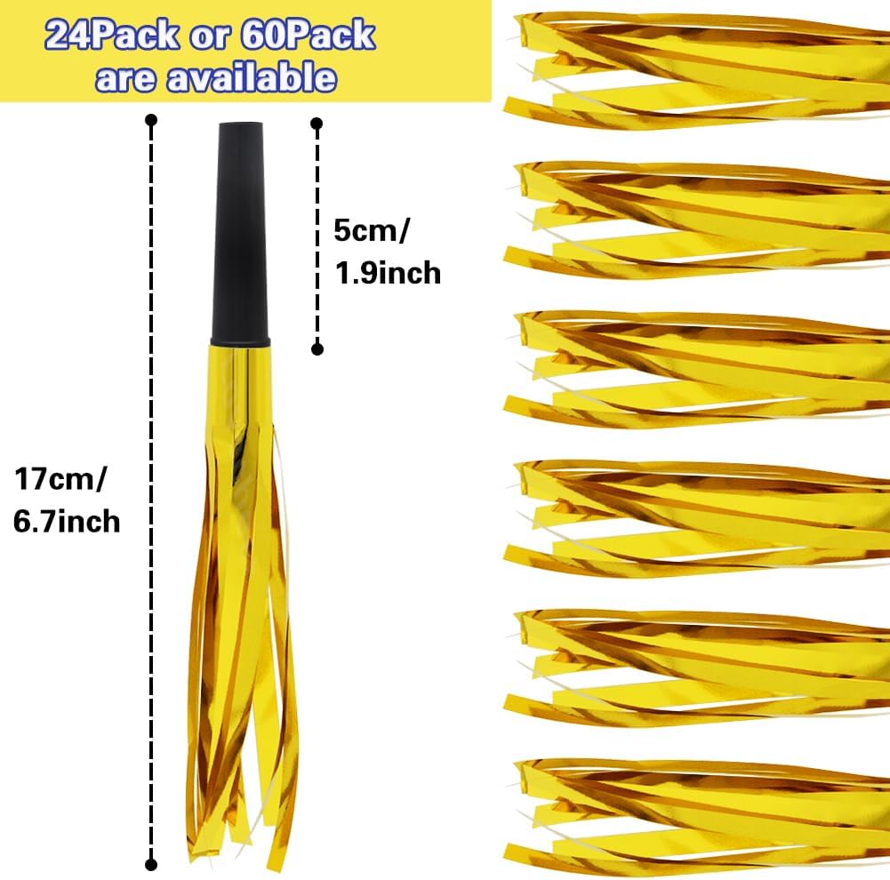 Lovecheer 24/60PCS Glitter Noise Makers Metallic Fringed Party Blowers for Adults Birthday Wedding Graduation 2025 New Years Musical Blowouts