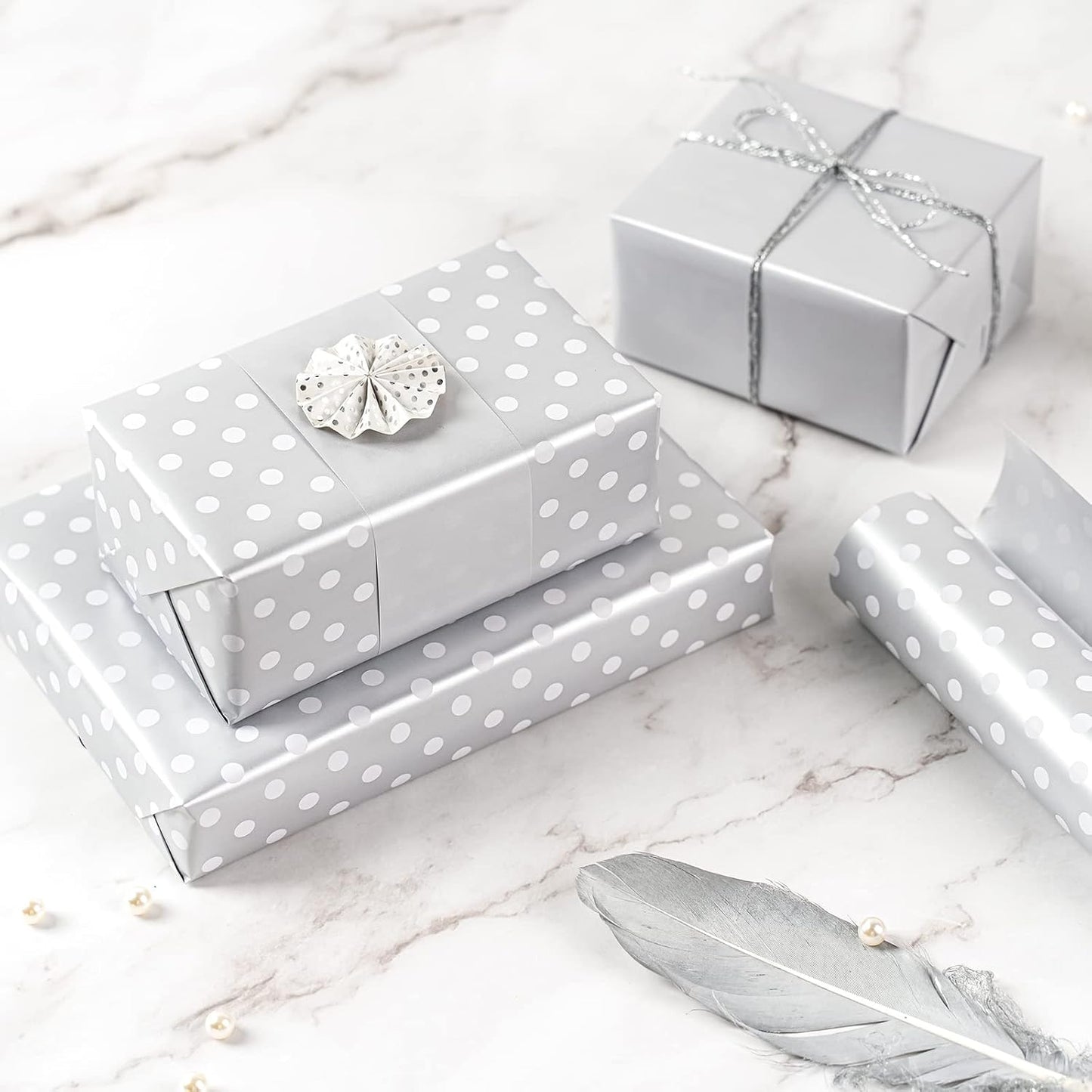 WRAPAHOLIC Reversible Wrapping Paper - Mini Roll - 17 Inch X 33 Feet - Silver Print and Polka Dot Design for Birthday, Holiday, Wedding, Baby Shower