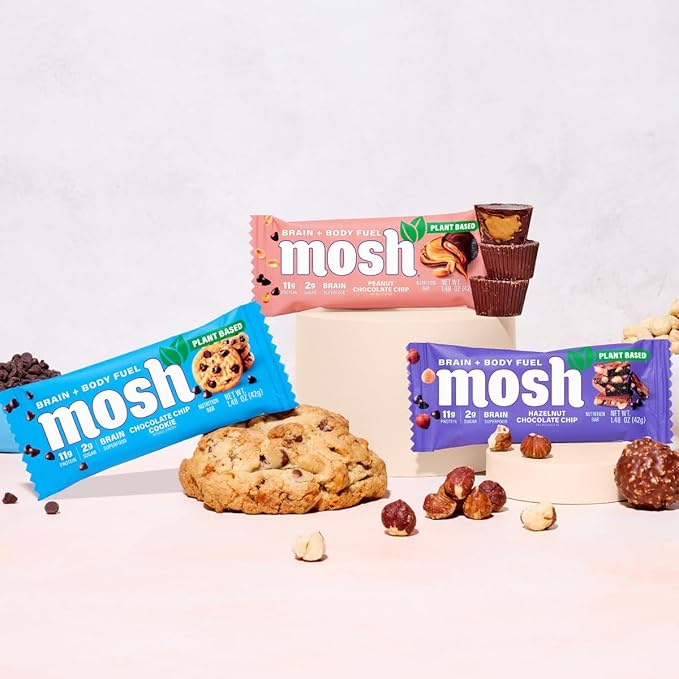 MOSH Variety Pack Vegan Protein Bars, Plant Based, Keto, Gluten Free, Brain Healthy Snack with Cognizin, Ashwagandha and Lion's Mane, 6 Count