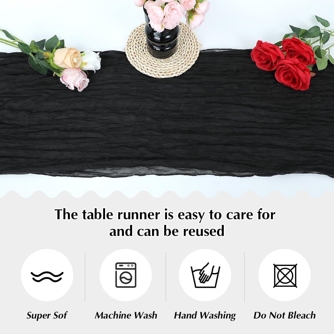 10 Pack Black Cheesecloth Table Runner -21*120Inch Long Boho Wedding Table Decor, Rustic Gauze Fabric Runner for Bridal Showers, Baby Showers & Parties (Sheer, Lightweight, Wrinkled Design)