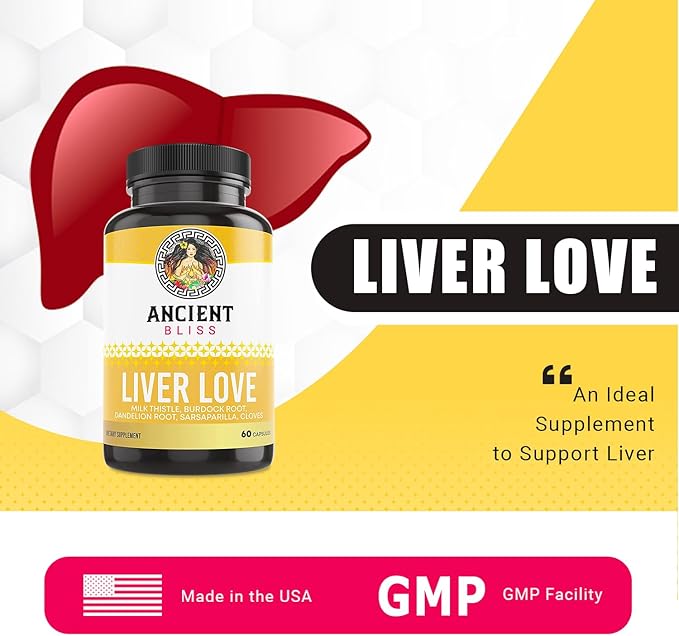 Ancient Bliss Liver Love - Natural Milk Thistle Liver Detox and Liver Health Cleanse Supplement - Support Healthy Liver in Men and Women - 60 Capsules - with Burdock, Dandelion, Cloves, and More