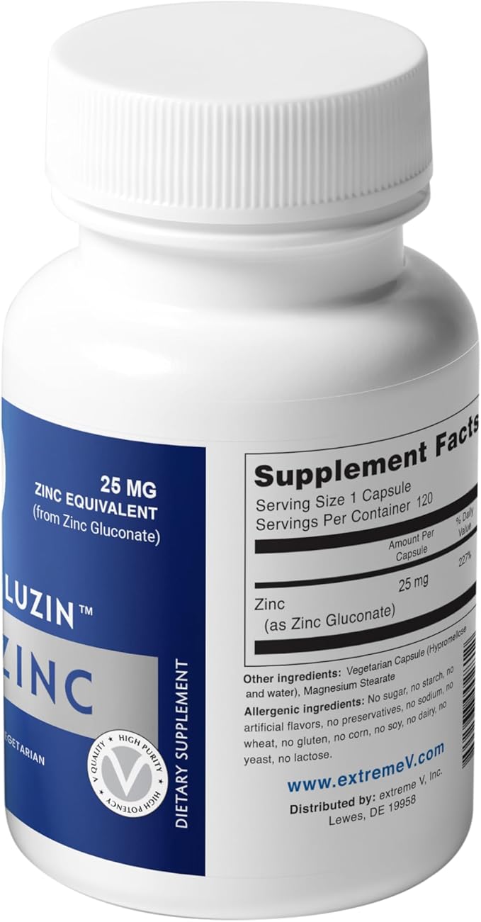 Gluzin™ Zinc Supplement 25 mg | Zinc Gluconate | Clean-Label, 120 Small Vegetarian Capsules | Gentle, Low-Dose Option for Daily Support