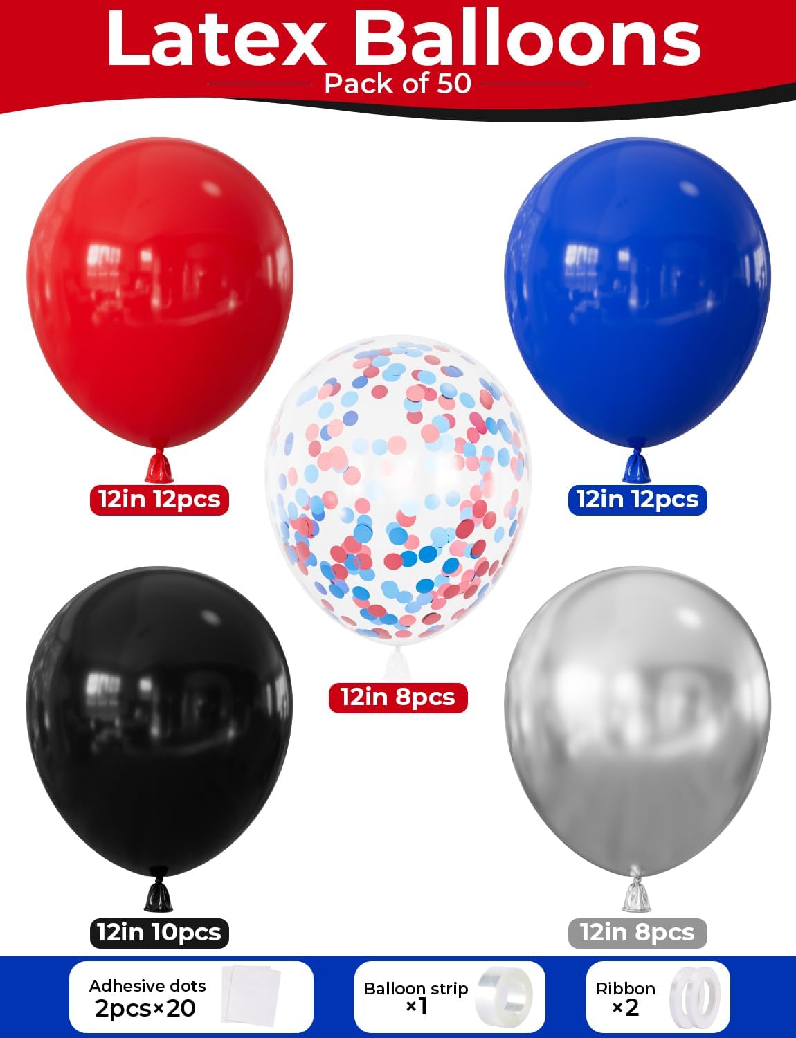 Black Red and Blue Balloons - 12 Inch Red Black Balloons Royal Blue Latex Balloon Glitter Metallic Silver Confetti Balloon for Man Boys Birthday Baby Shower Spider Theme Party Decoration, 50Pcs
