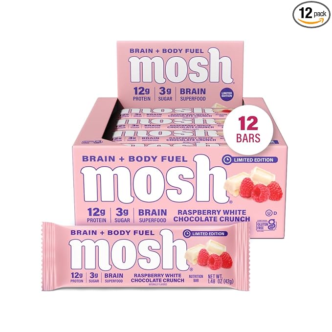 MOSH Raspberry White Chocolate Crunch Keto Protein Bars, High Fiber, Low Carb, Gluten Free, High Protein, Brain Healthy Snack, 12 Count
