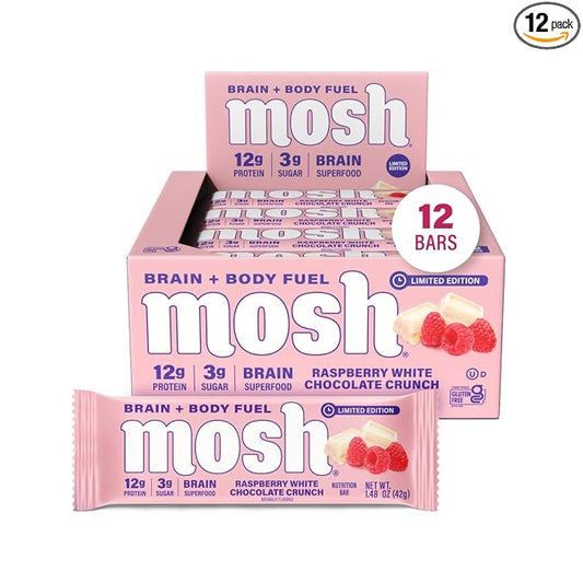MOSH Raspberry White Chocolate Crunch Keto Protein Bars, High Fiber, Low Carb, Gluten Free, High Protein, Brain Healthy Snack, 12 Count