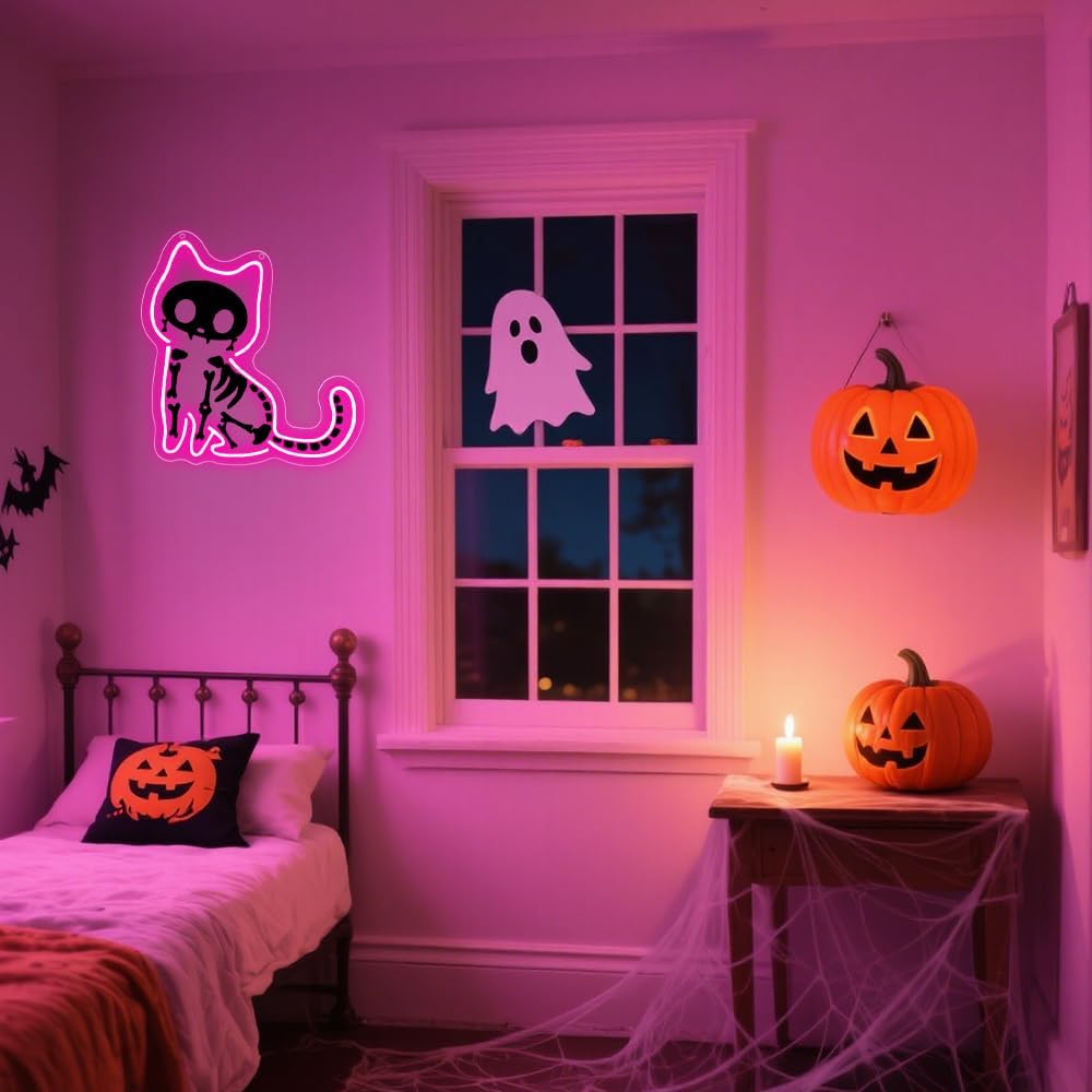 Cat Neon Sign,Pink Dimmable LED Light Signs for Wall Art Decor,Halloween Backdrop for Bedroom Club Party,Animal Gift for Boys Girls Teen USB Powered（11.8"*11.6"）