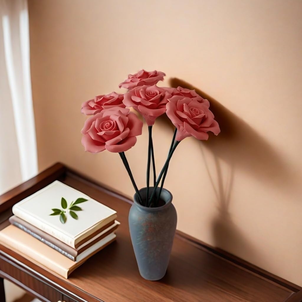 6pcs Handmade Ceramic Roses,Featuring Vibrant Colors and Intricate Petal Details，Wedding Decoration Christmas Decor (red)