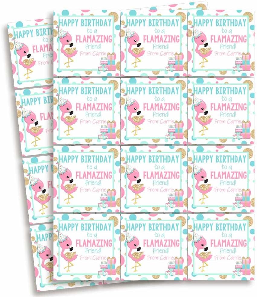 Custom & Personalized FLAMAZING Flamingo Happy Birthday Gift Tag Sticker Labels, 24 2.5" Square Stickers by Amanda Creation
