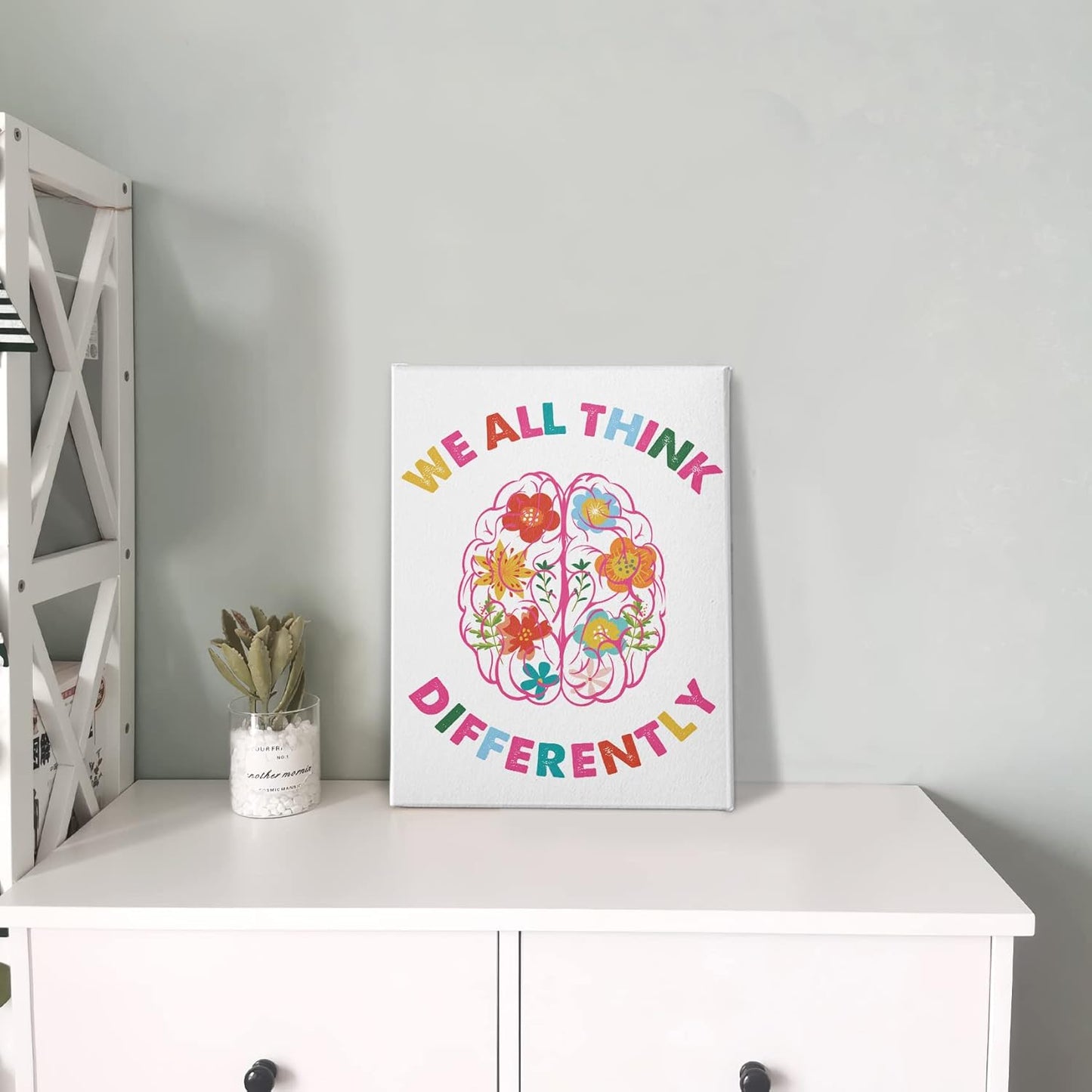 PHAMTE We All Think Differently Mental Health Wall Art,Neurodiversity Brain Art Print Framed Canvas Painting Artwork For Home CBT Psychologist School Counselor Office Therapy Office Decor(11x14 Inch)
