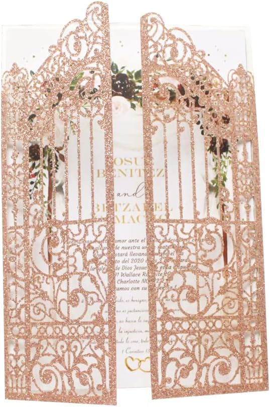 Glittery Hollow Rose Gold Invitations Gate Design For Weddings Engagement Mermaid 25 Sets (rose gold, 4.9"x7.1")