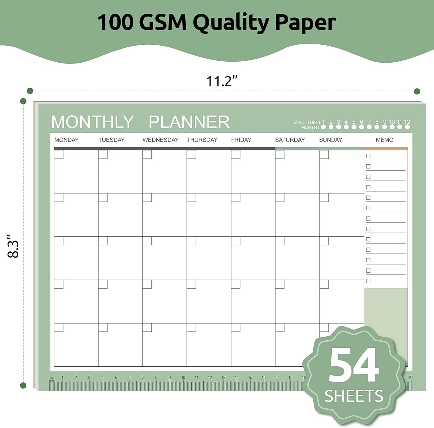 Phyxin Undated Planner, 54 Sheets Blank Calendar, 11.2" x 8.3" Monthly Calendar Planner, Tear Off Undated Monthly Planner with Memo for Women, Students, Teachers, Morandi Green