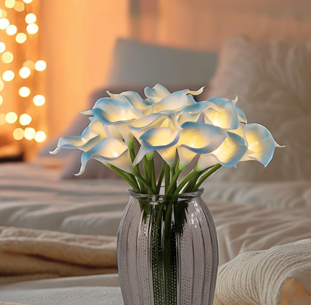 20pcs Artificial Calla Lily Bouquet Lamp Faux Floarl Night Light Real Touch Flower Night Lamp LED Calla Lily Lighted Artificial Flower for Her Gifts Home Kitchen Decor(Light Blue)