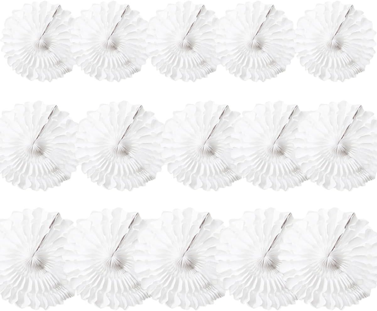 15pcs White Paper Fans Decorations - 6'', 8'', 10'' Round Tissue Honeycomb Set for Party, Birthday, Wedding Events